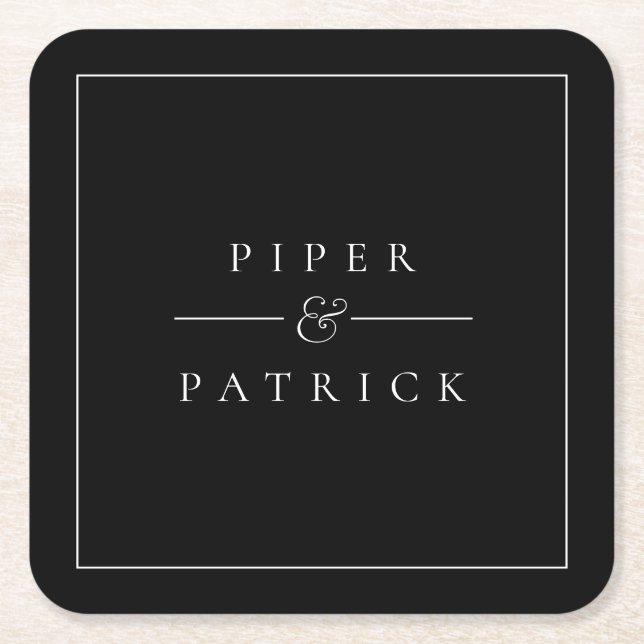 Black Modern Wedding Couple Names Square Paper Coaster (Front)