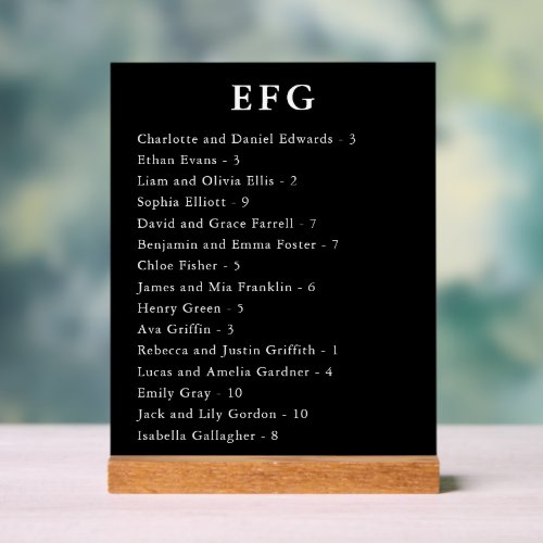 Black Modern Wedding Guest Names Seating Chart