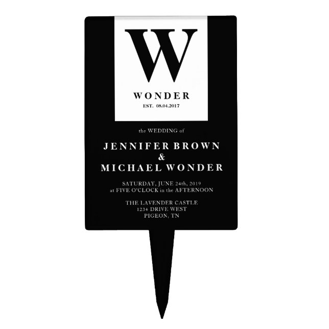  Black Modern Wedding Monogram Cake Topper (Front)