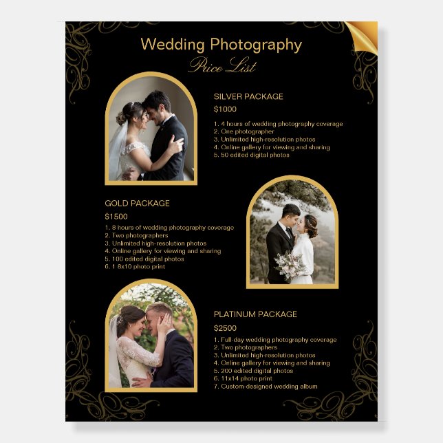 Black Modern Wedding Photography Price List Foam Board (Front)