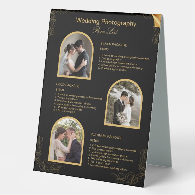Black Modern Wedding Photography Price List Table Tent (Front)