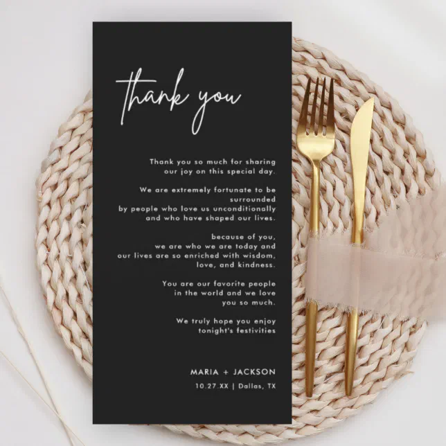 Black Modern Wedding Table Thank You Note | Zazzle