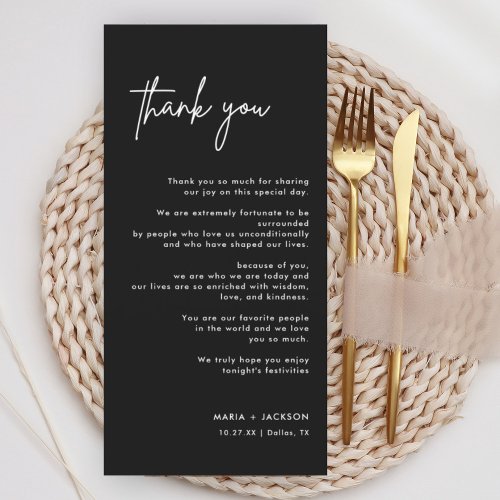 Black Modern Wedding Table Thank You Note