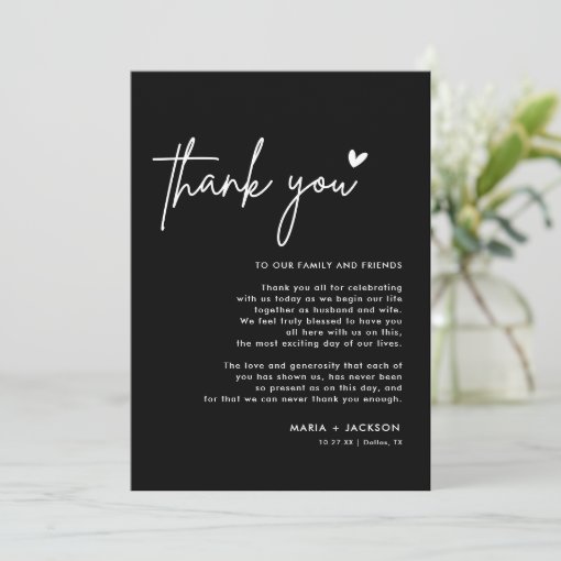 Black Modern Wedding Thank You Note Menu Cards | Zazzle