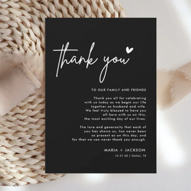 Black Modern Wedding Thank You Note Menu Cards | Zazzle