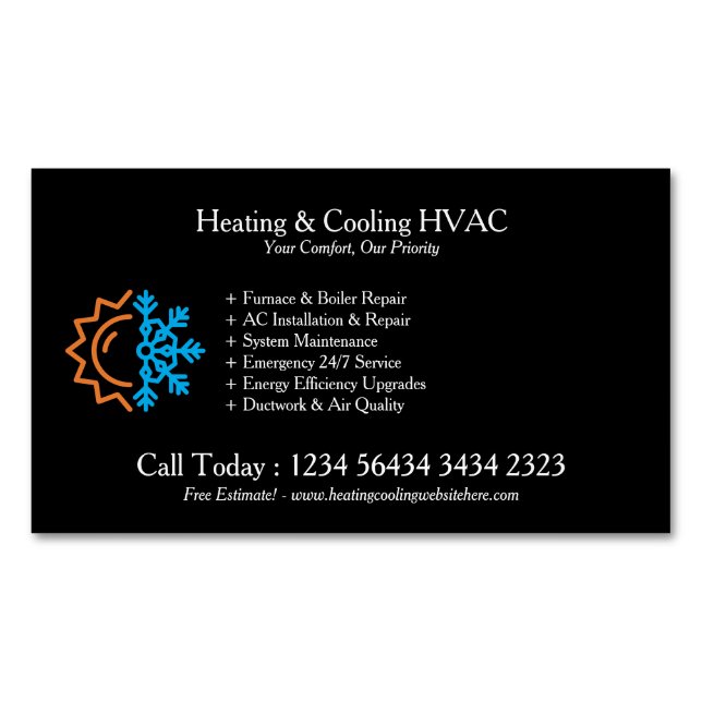 Black Modern White Heating & Cooling Business Card Magnet (Front)