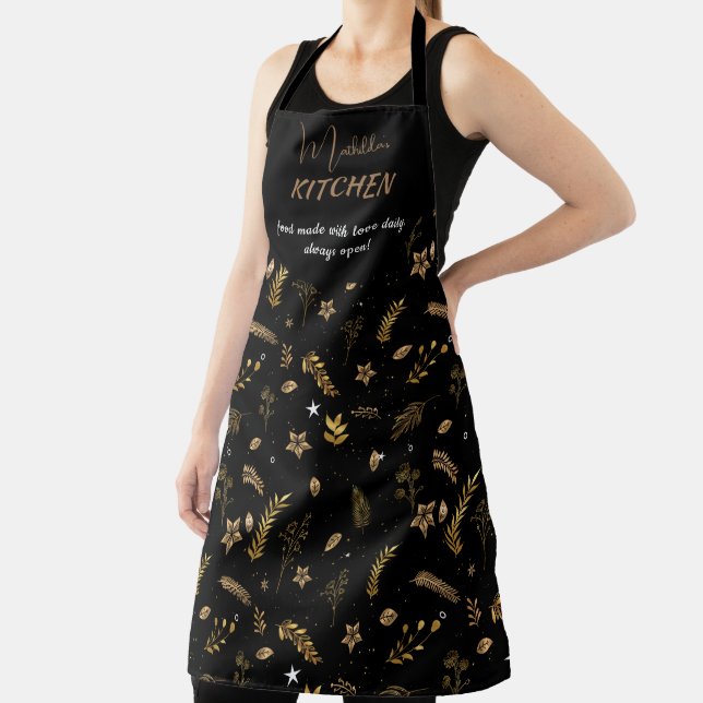 Black modern Winter Kitchen Gold Arch personalize Apron (Insitu)