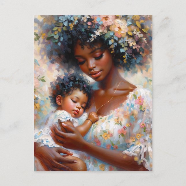 Black Mom and Baby Daughter Floral Art Postcard (Front)