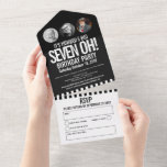 Black mono photo circles stripes 70th Birthday All In One Invitation<br><div class="desc">Bold simple mono graphic black and white photo template all-in-one 70th birthday party invitation. Personalize this detachable milestone birthday invitation with your own birthday party event details, and up to six different photos of the birthday boy or girl. Invite comes with a simple RSVP detachable reply card where you can...</div>