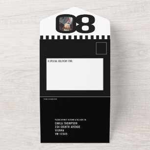 Black mono photo circles stripes 80th Birthday All In One Invitation