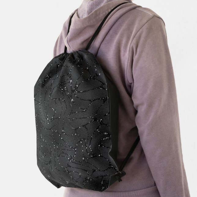 Black monochromatic glittery background drawstring bag (Insitu)