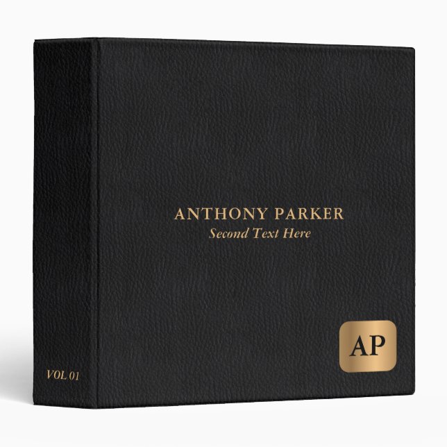 Black Monochromatic Leather Look   3 Ring Binder (Front/Spine)