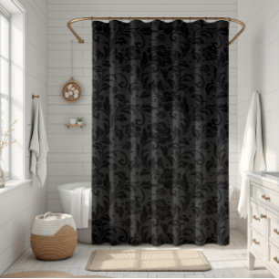 Black Monochromatic Vintage Damask Pattern Shower Curtain