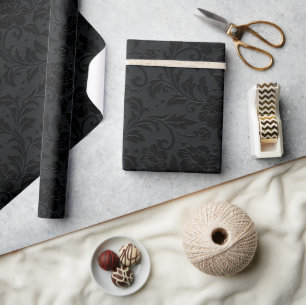 Black Monochromatic Vintage Damask Pattern Wrapping Paper