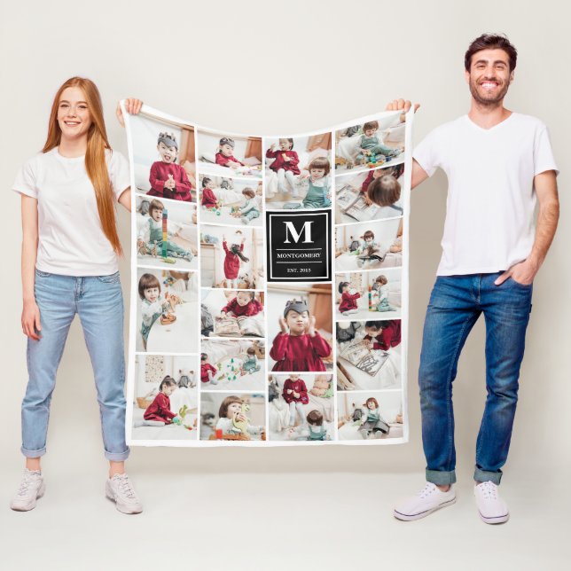 Black Monogram 19 Pictures Photo Collage Fleece Blanket (In Situ)