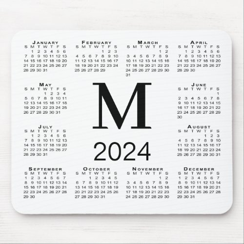 Black Monogram 2024 Calendar on White Mouse Pad