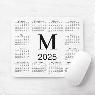 Black Monogram 2025 Calendar on White Mouse Pad