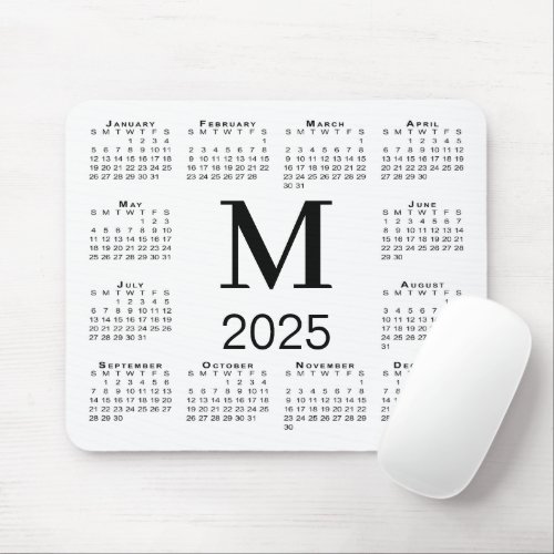 Black Monogram 2025 Calendar on White Mouse Pad