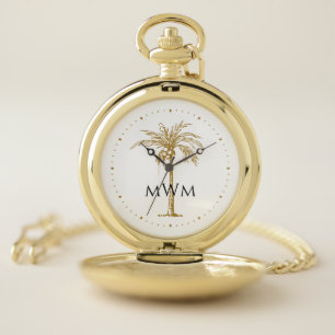 Black Monogram Artistic Gold Palm Tree Tropical Pocket Watch