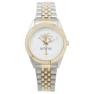 Black Monogram Artistic Golden Palm Tree Tropical Watch