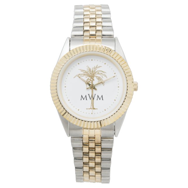 Black Monogram Artistic Golden Palm Tree Tropical Watch (Front)