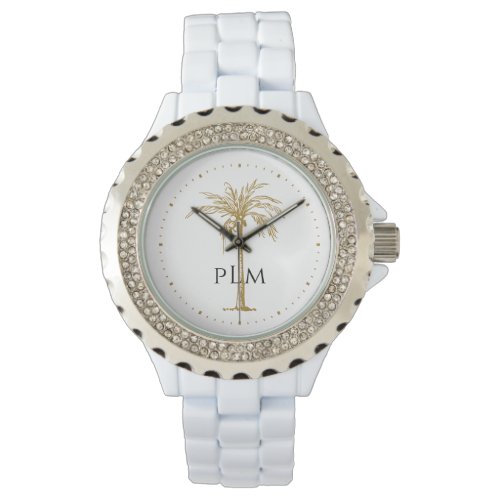 Black Monogram Artistic Tropical Golden Palm Tree Watch