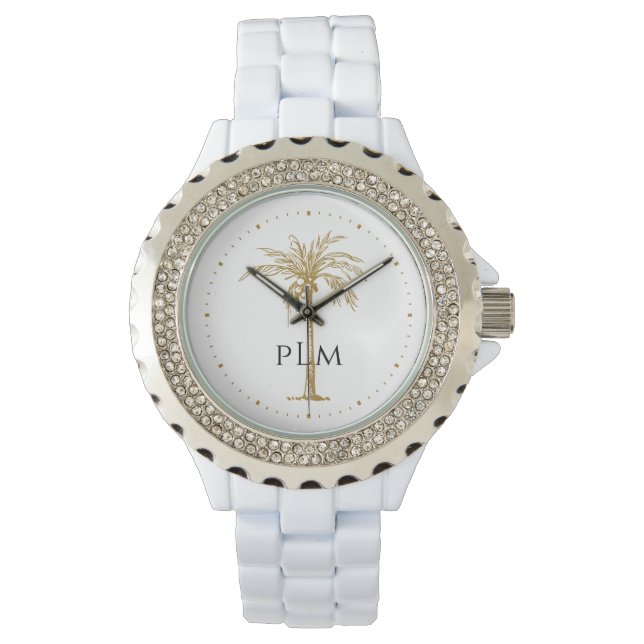 Black Monogram Artistic Tropical Golden Palm Tree Watch (Front)