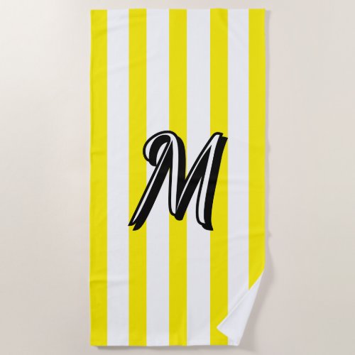 Black Monogram Bright Yellow White Summer Stripes Beach Towel