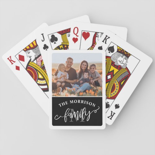 Black Monogram Brush Script Family Photo Poker Cards