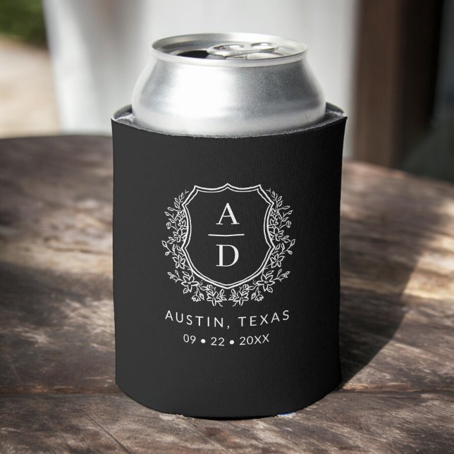 Black Monogram Crest Wedding Elegant Modern Can Cooler (Creator Uploaded)