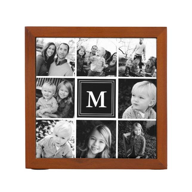 Black Monogram Family Photo Collage Desk Organizer (Front)