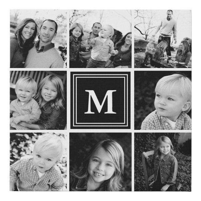 Black Monogram Family Photo Collage Faux Canvas Print (Front)
