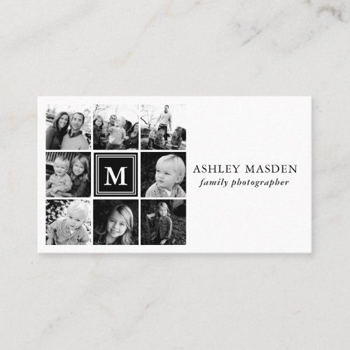 Black Monogram Family Photo Collage Photography Business Card