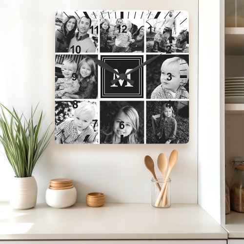 Black Monogram Family Photo Collage Square Wall Clock