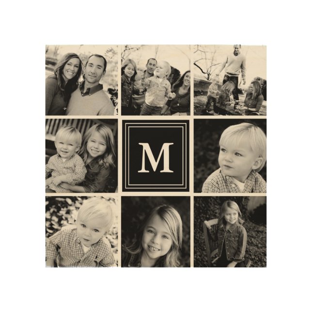 Black Monogram Family Photo Collage Wood Wall Art (Front)