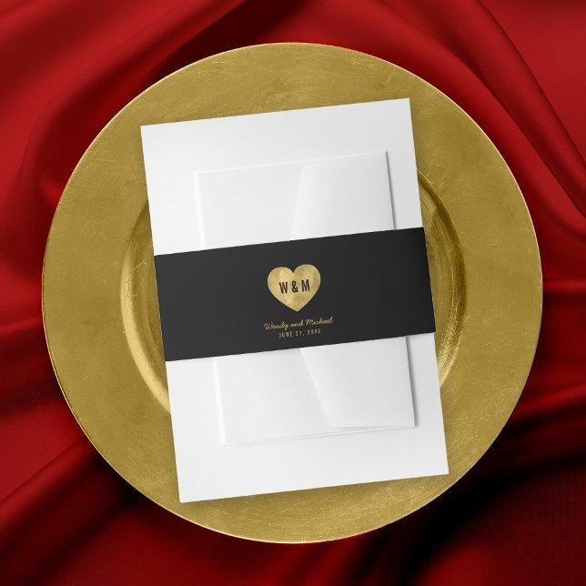 Black Monogram Faux Gold Heart Wedding Invitation Belly Band (Creator Uploaded)