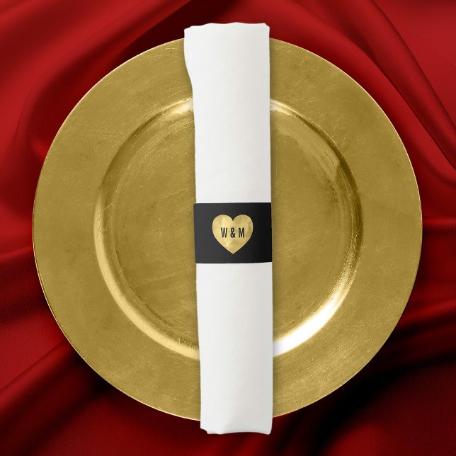Black Monogram Faux Gold Heart Wedding Napkin Bands (Creator Uploaded)