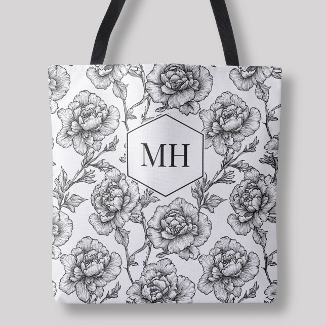 Black Monogram Floral Elegant Botanical Flowers Tote Bag (Black Monogram Floral Elegant Botanical Flowers Tote Bag)