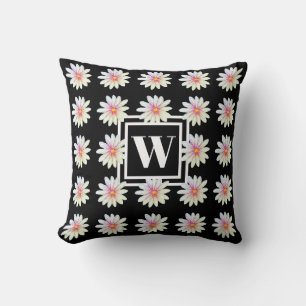 Black Monogram Flower Pattern Throw Pillow