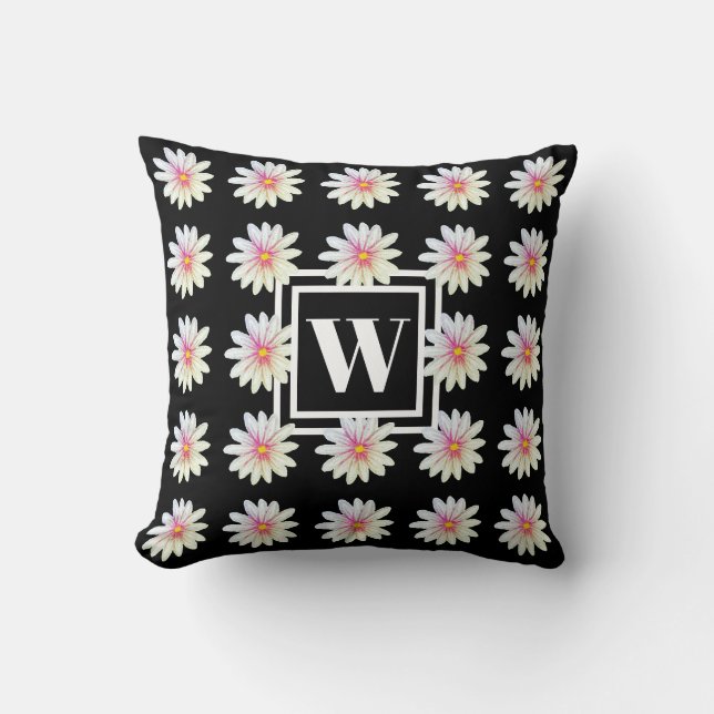 Black Monogram Flower Pattern Throw Pillow (Front)