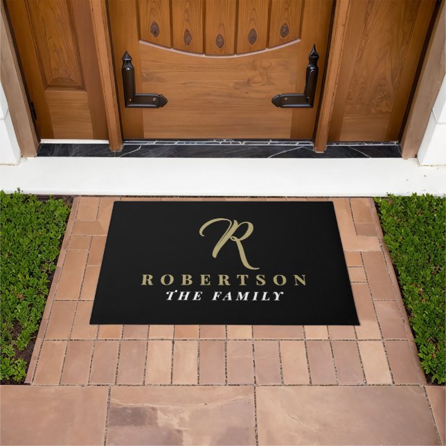 Black Monogram Gold Initial Name Minimalist Family Doormat (Outdoor)