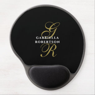 Black Monogram Gold Initials White Name Minimalist Gel Mouse Pad