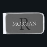 Black Monogram & Grey Name on Dark Grey Silver Finish Money Clip<br><div class="desc">Personalize with your Monogram in black and Name In Grey Text on dark grey background</div>