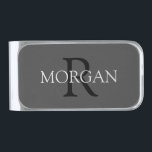 Black Monogram & Grey Name on Dark Grey Silver Finish Money Clip<br><div class="desc">Personalize with your Monogram in black and Name In Grey Text on dark grey background</div>