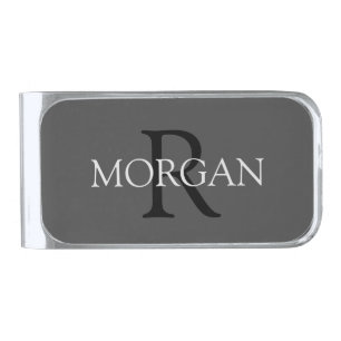 Black Monogram & Grey Name on Dark Grey Silver Finish Money Clip