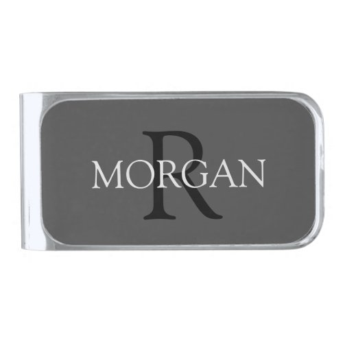 Black Monogram  Grey Name on Dark Grey Silver Finish Money Clip