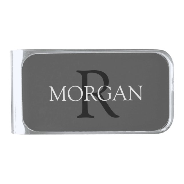 Black Monogram & Grey Name on Dark Grey Silver Finish Money Clip (Front)