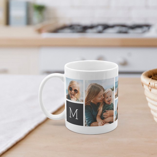 Black | Monogram Grid Photo Collage Coffee Mug (Creator Uploaded)