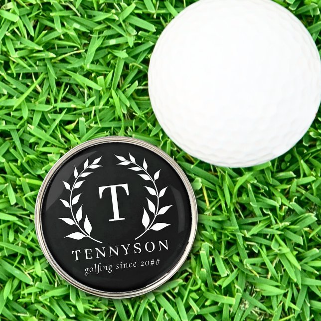 Black Monogram Initial Name Wreath Personalized  Golf Ball Marker (Creator Uploaded)