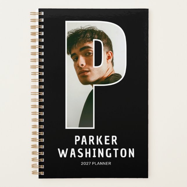 Black Monogram Initial 'P' Photo Planner (Front)